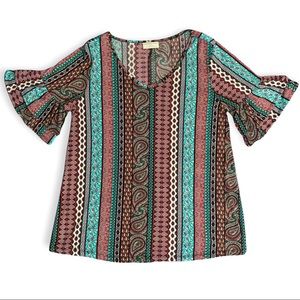 Bobbie Brooks Boho Top Ruffle Sleeve Paisley Patchwork Stripe V-neck Shirt